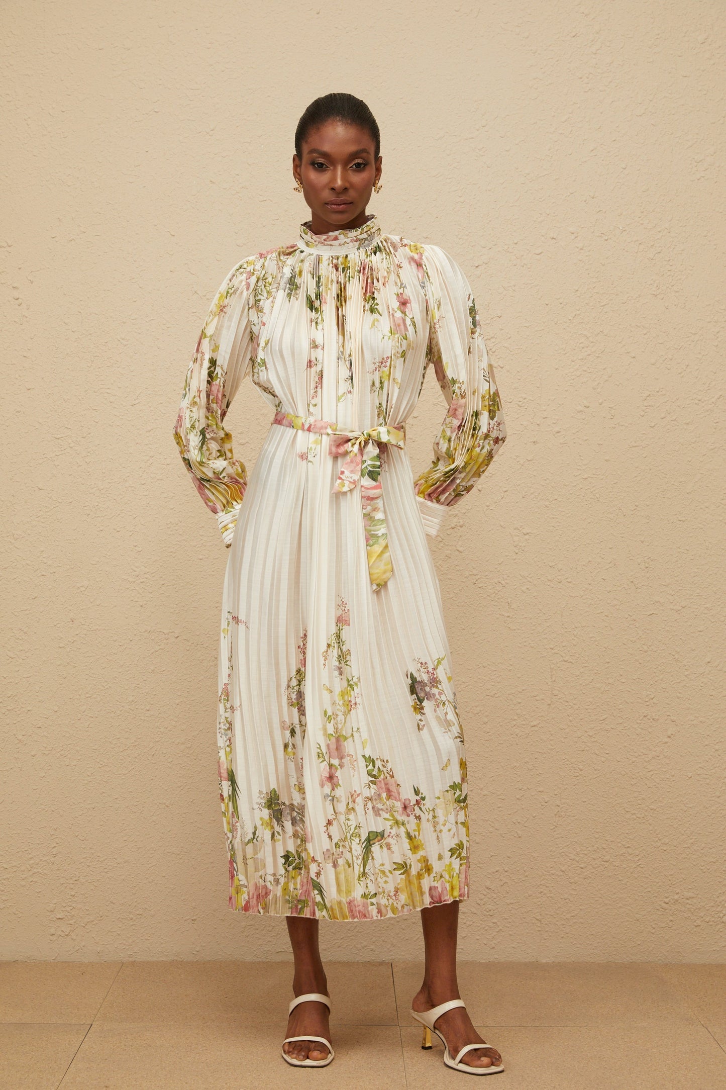 Poétique White Pleated Floral Print Midi Dress