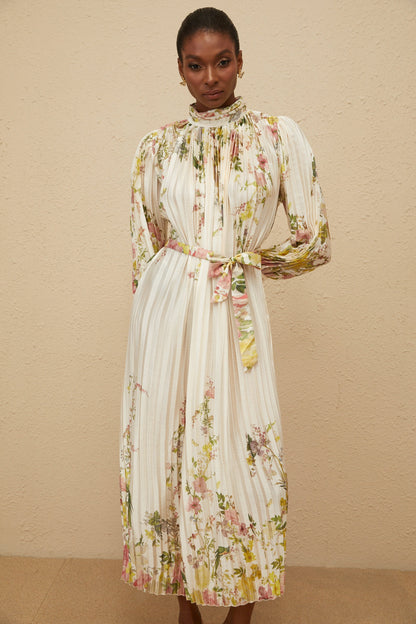 Poétique White Pleated Floral Print Midi Dress