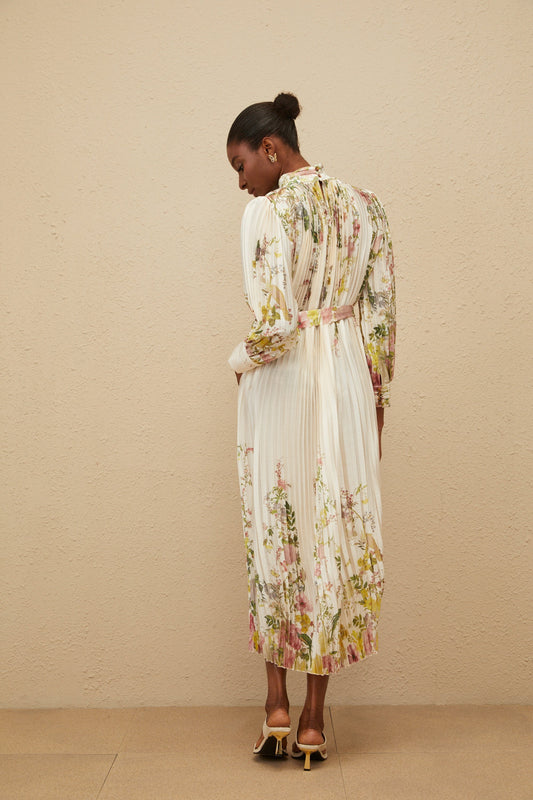 Poétique White Pleated Floral Print Midi Dress