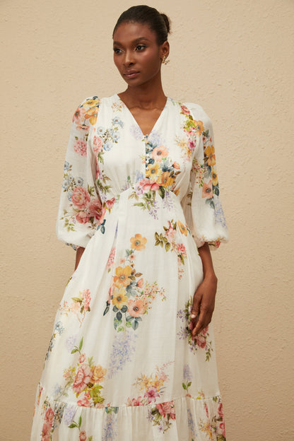 Noémie White Floral Print V-Neck Midi Dress
