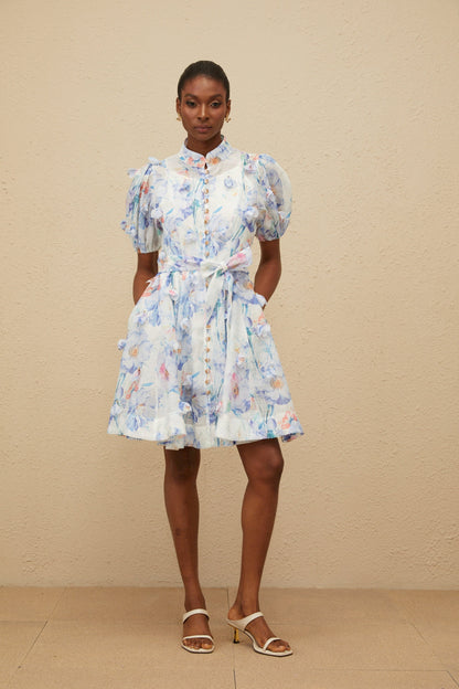 Pétunia Blue Shirred Floral Mini Dress