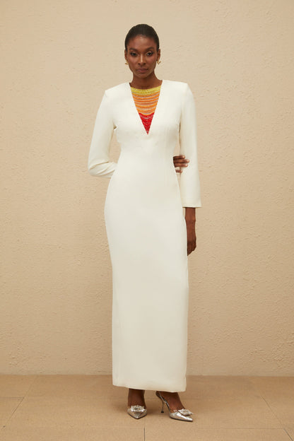 Rosée White Rhinestone Bead Embellished Maxi Dress