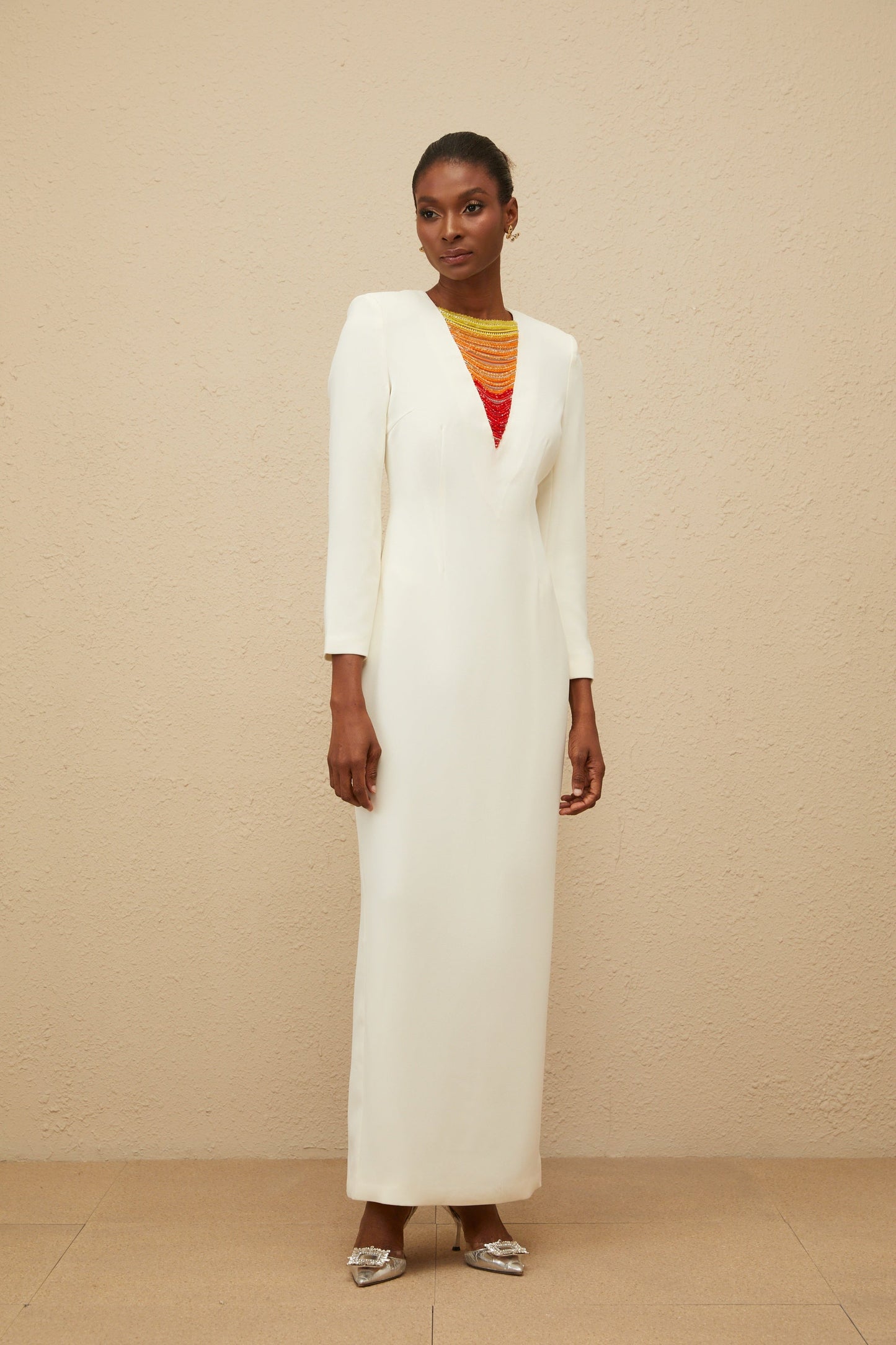 Rosée White Rhinestone Bead Embellished Maxi Dress