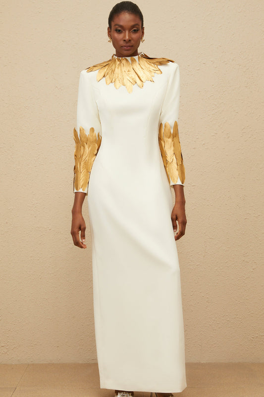 Nocturne White Feather-Trim Maxi Dress