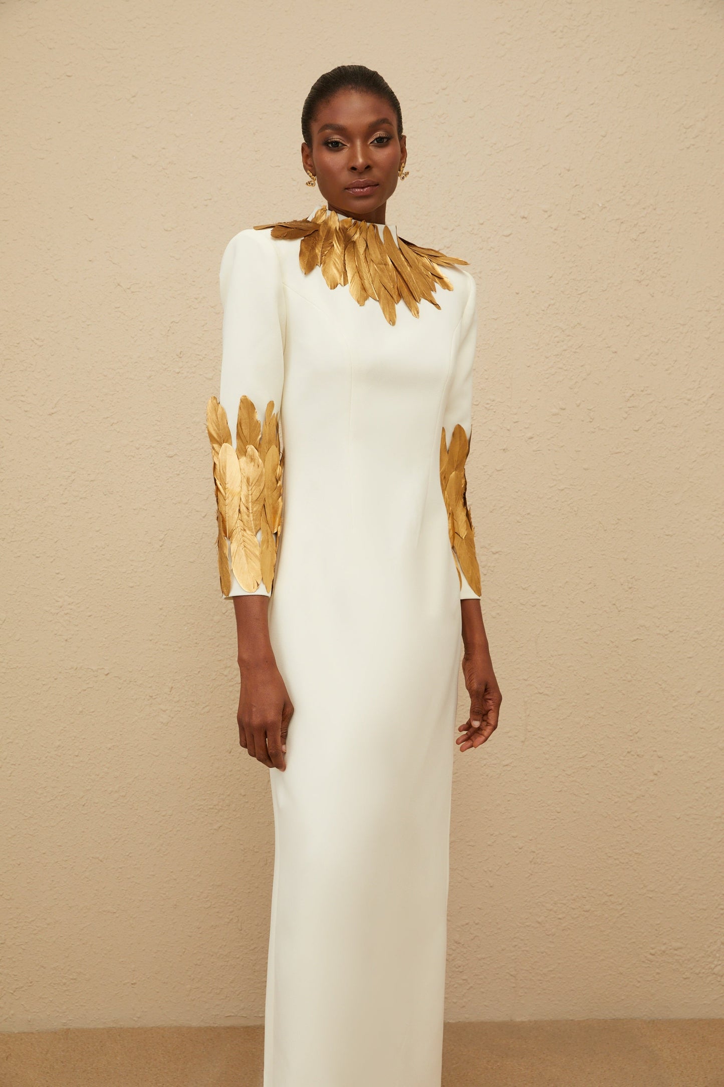 Nocturne White Feather-Trim Maxi Dress