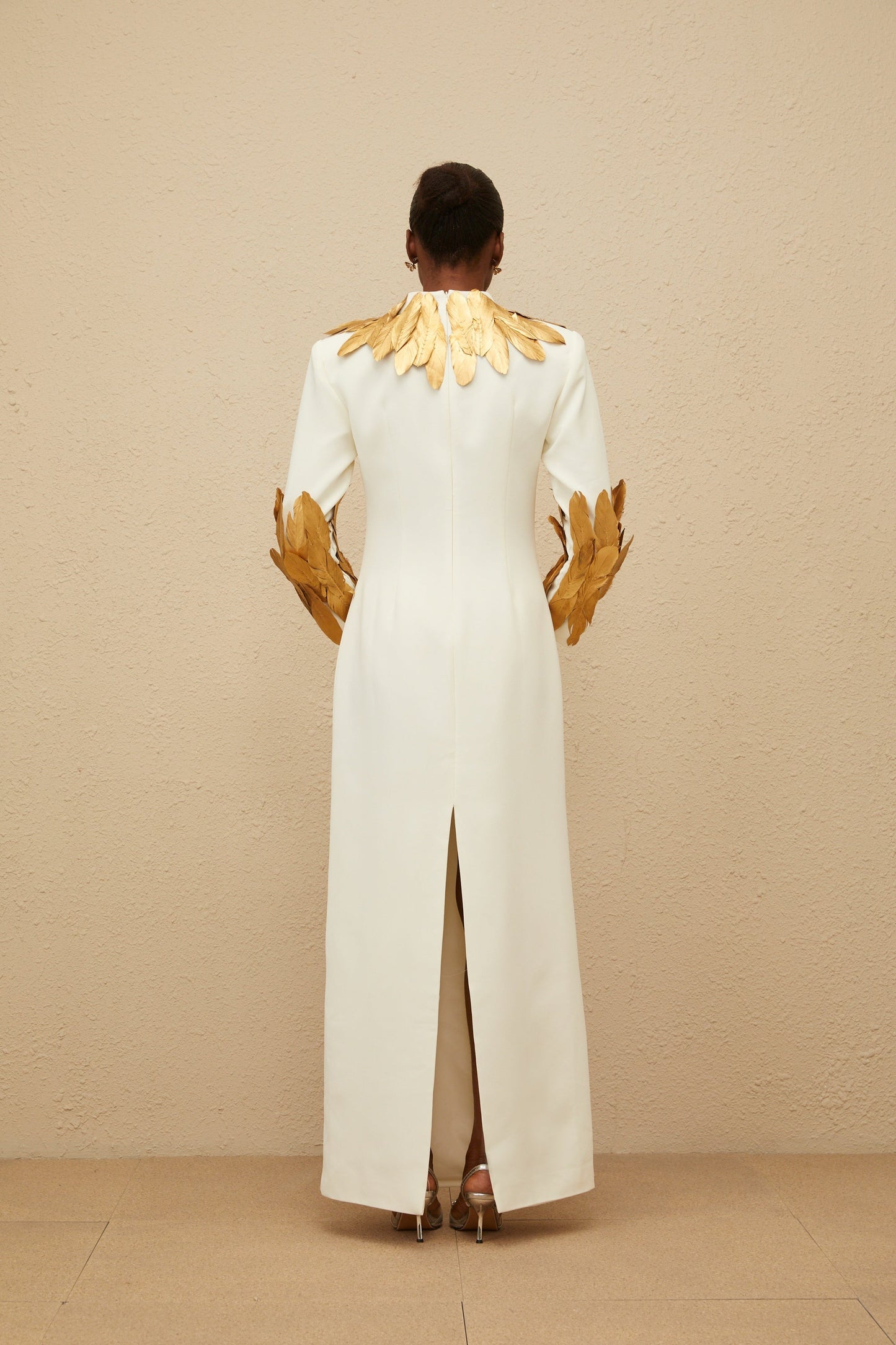 Nocturne White Feather-Trim Maxi Dress