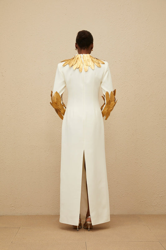 Nocturne White Feather-Trim Maxi Dress