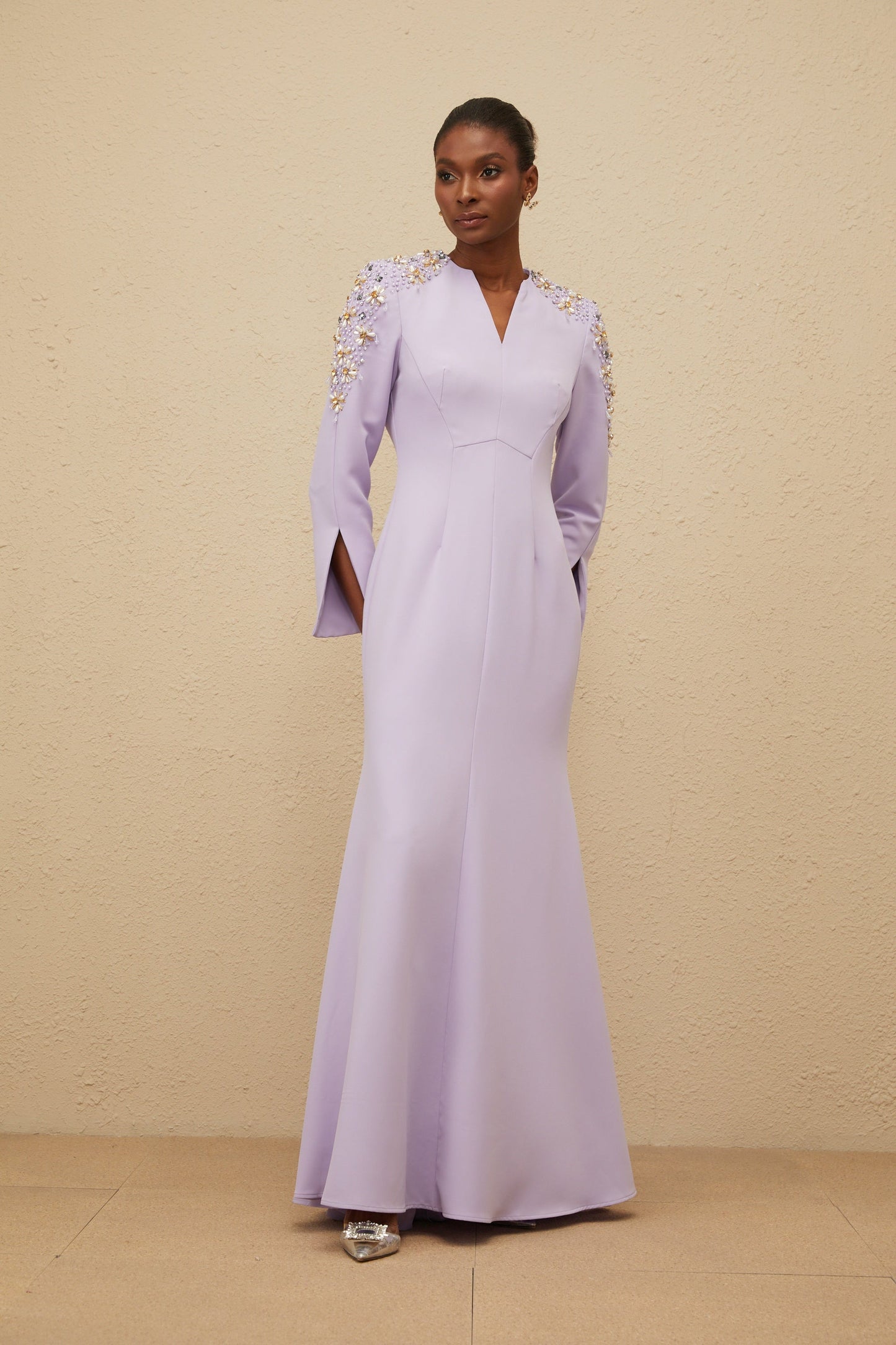 Rêverie Purple Flared Embellished Maxi Gown