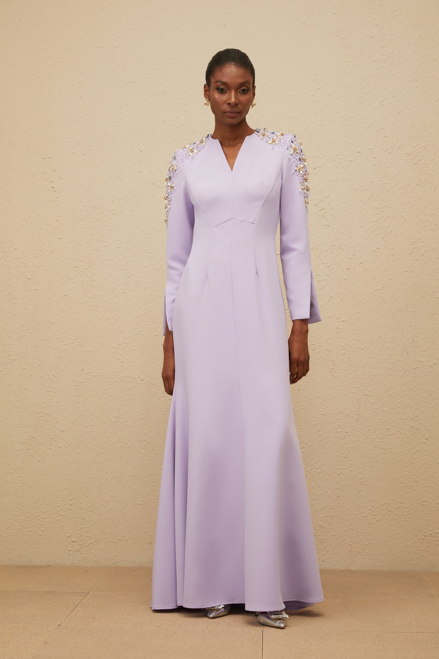 Rêverie Purple Flared Embellished Maxi Gown