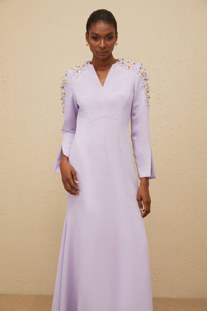 Rêverie Purple Flared Embellished Maxi Gown