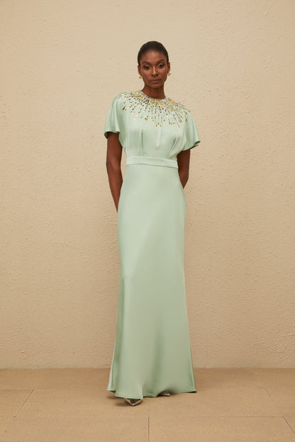 Ombrage Green Embellished Satin Maxi Dress
