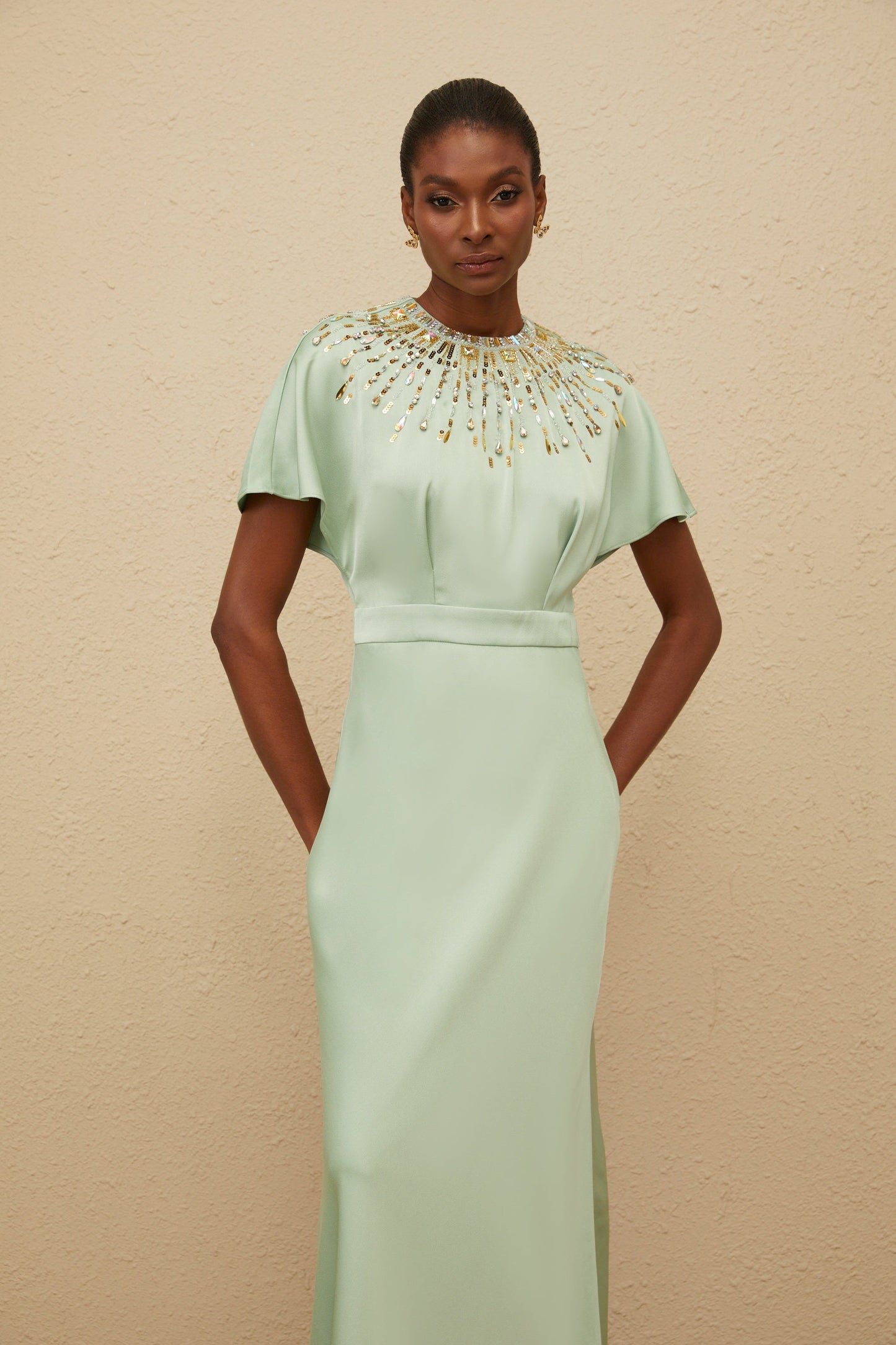 Ombrage Green Embellished Satin Maxi Dress