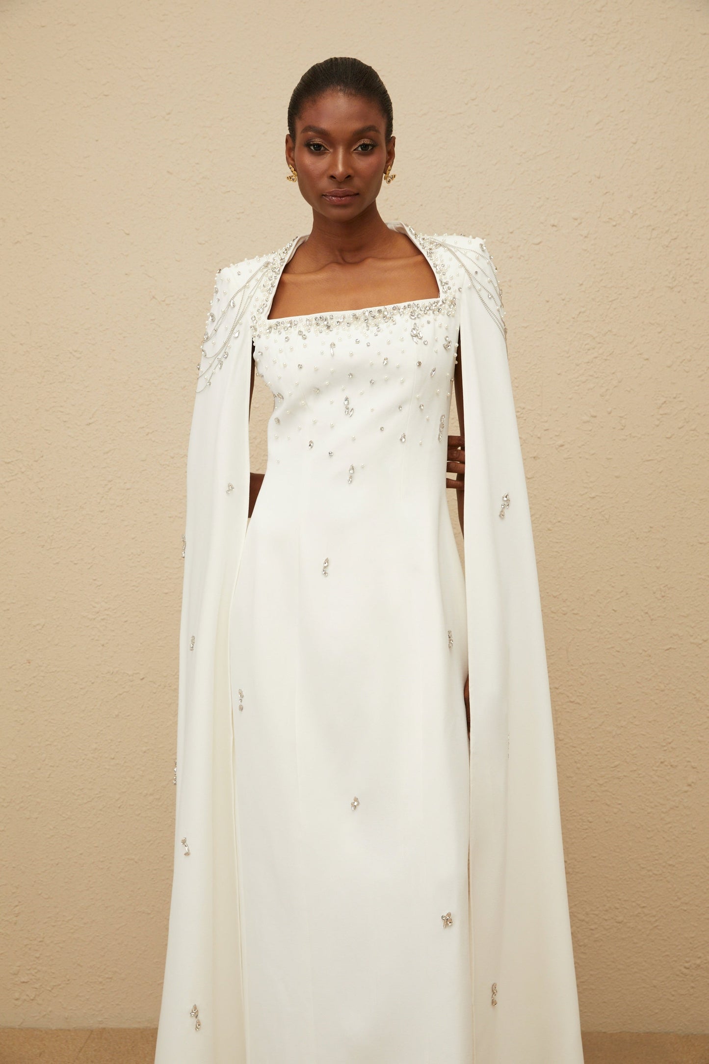Épuré White Embellished Cape Gown