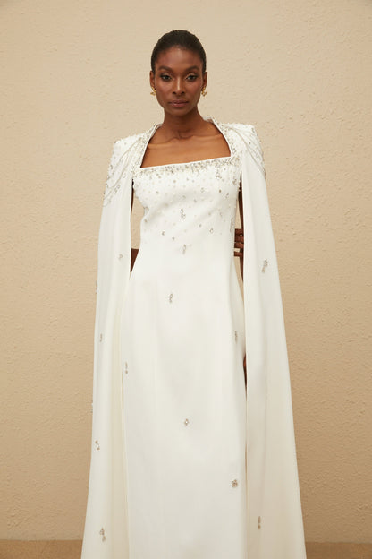 Épuré White Embellished Cape Gown