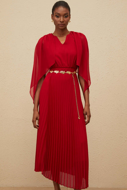 Émilie Red Pleated Maxi Dress with Cape Detail