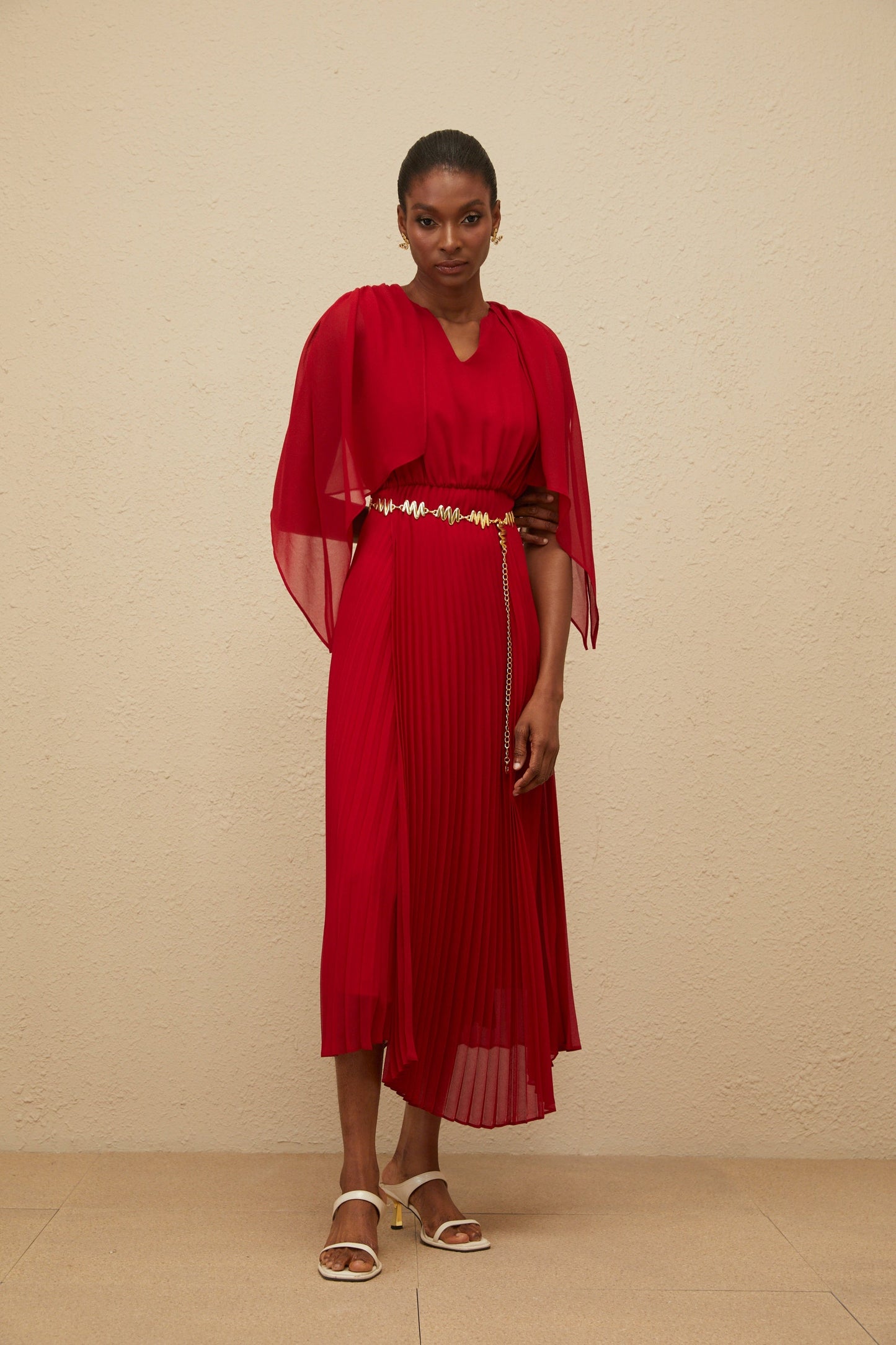 Émilie Red Pleated Maxi Dress with Cape Detail