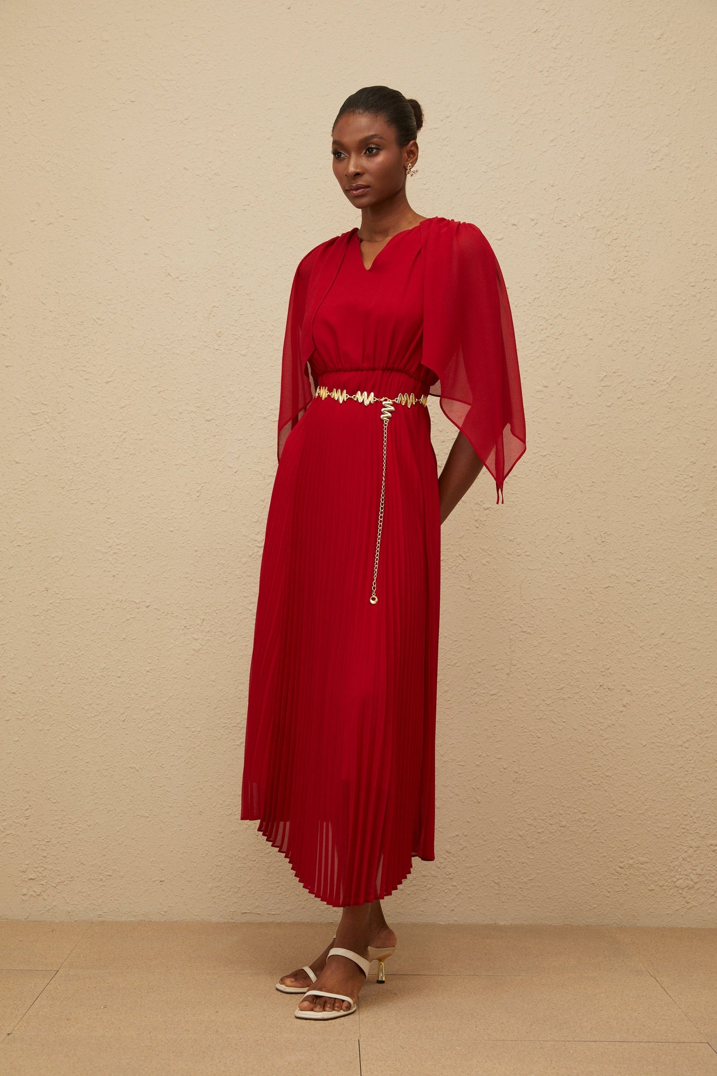 Émilie Red Pleated Maxi Dress with Cape Detail