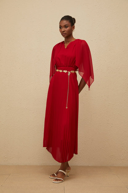 Émilie Red Pleated Maxi Dress with Cape Detail