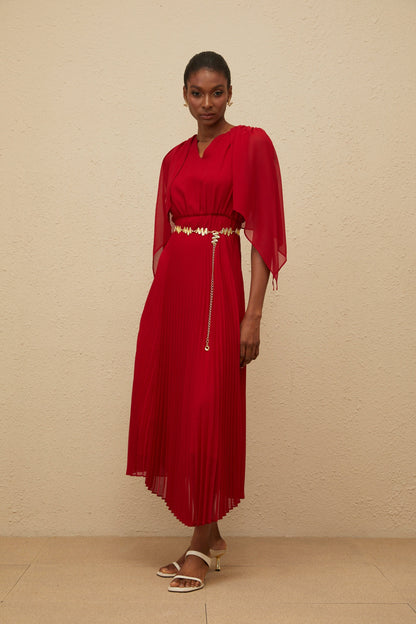 Émilie Red Pleated Maxi Dress with Cape Detail
