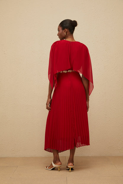 Émilie Red Pleated Maxi Dress with Cape Detail