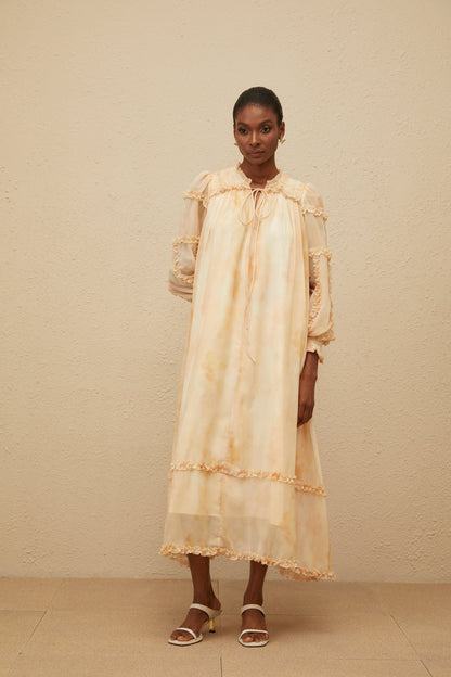 Lecollet Beige Ruffled Tie-Dye Midi Dress