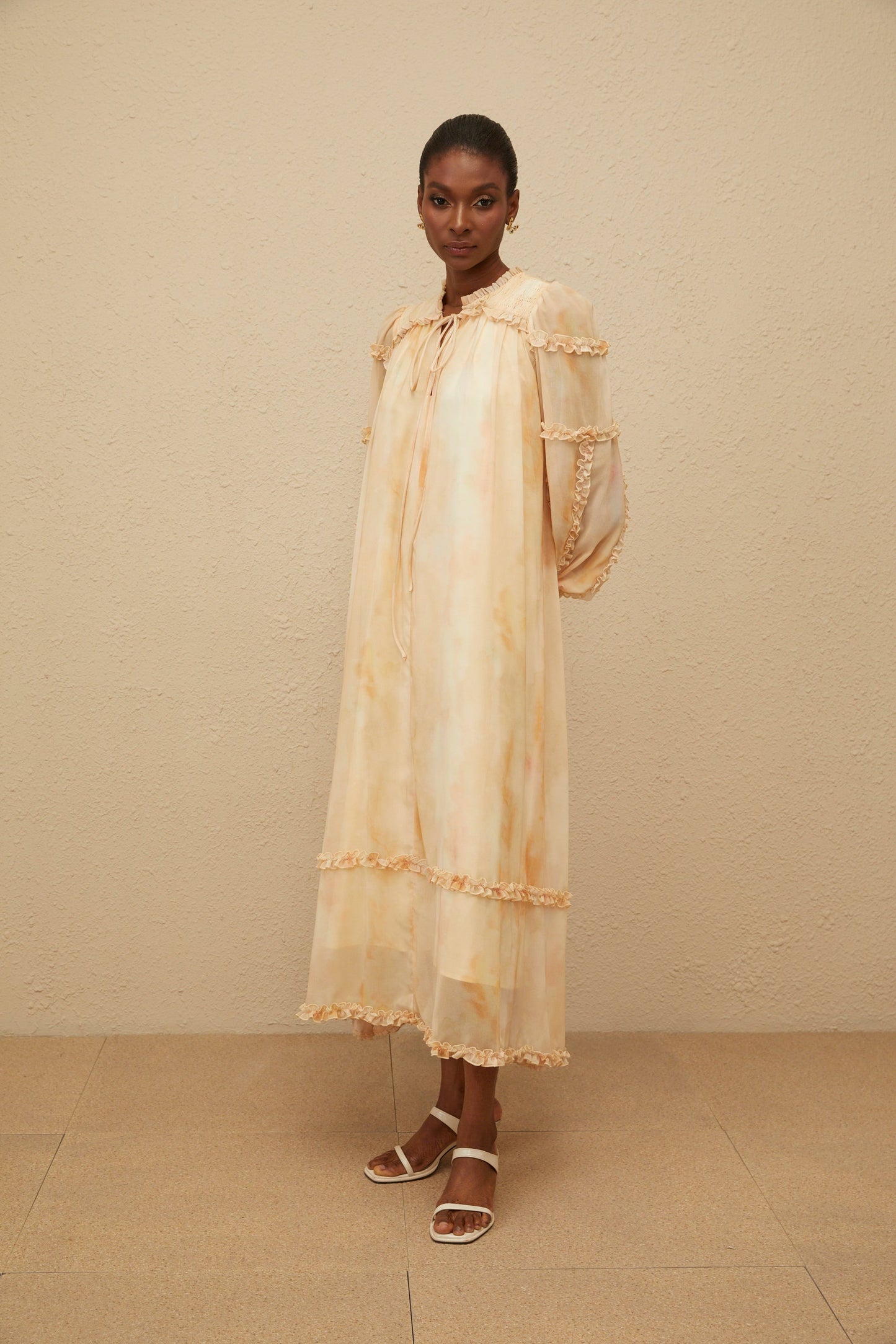 Lecollet Beige Ruffled Tie-Dye Midi Dress