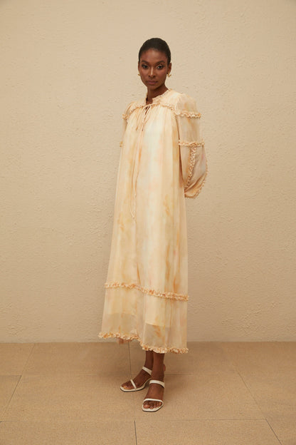 Lecollet Beige Ruffled Tie-Dye Midi Dress