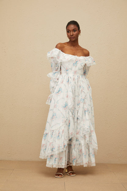 Maxanne White Ruffled Floral Print Maxi Dress