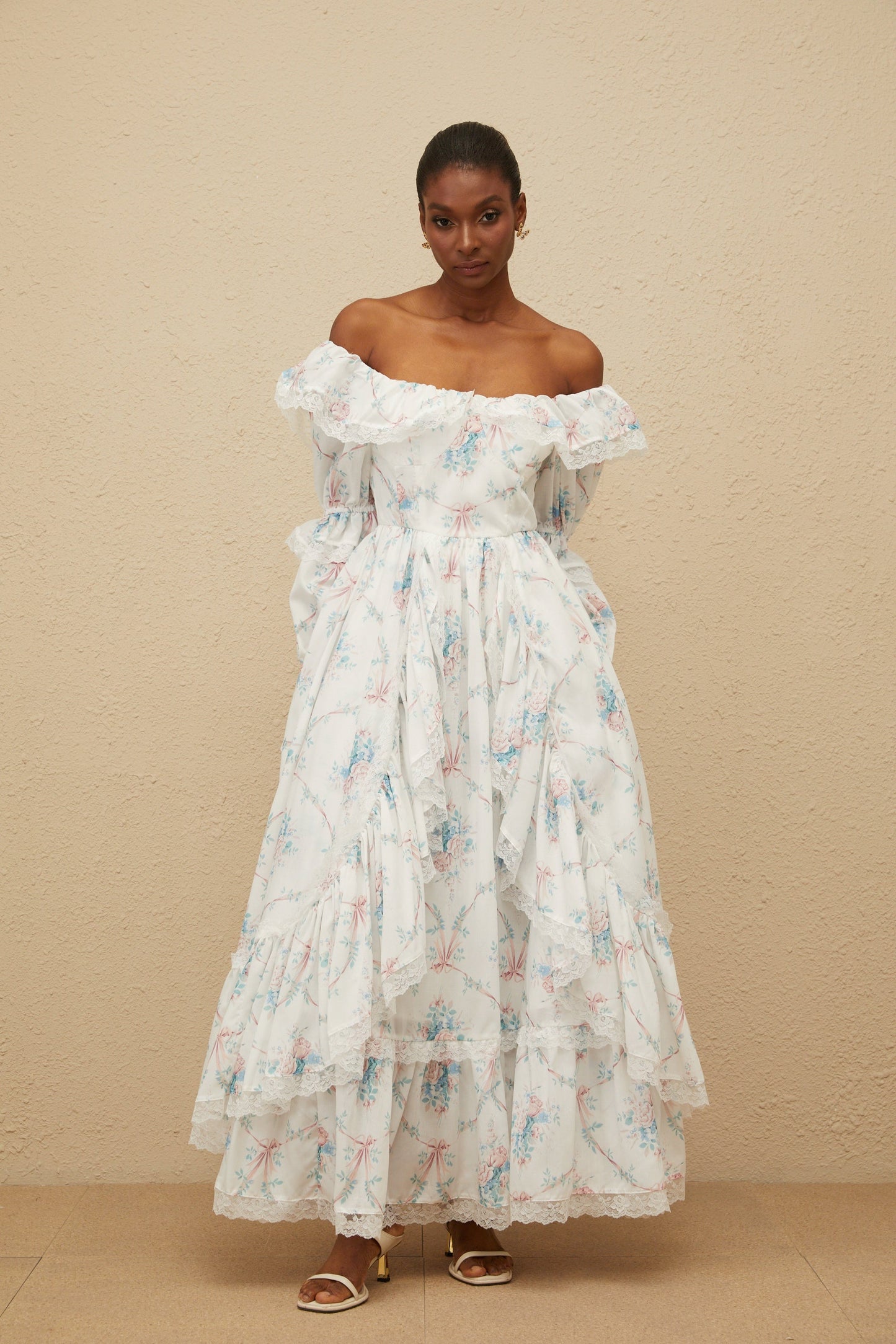 Maxanne White Ruffled Floral Print Maxi Dress