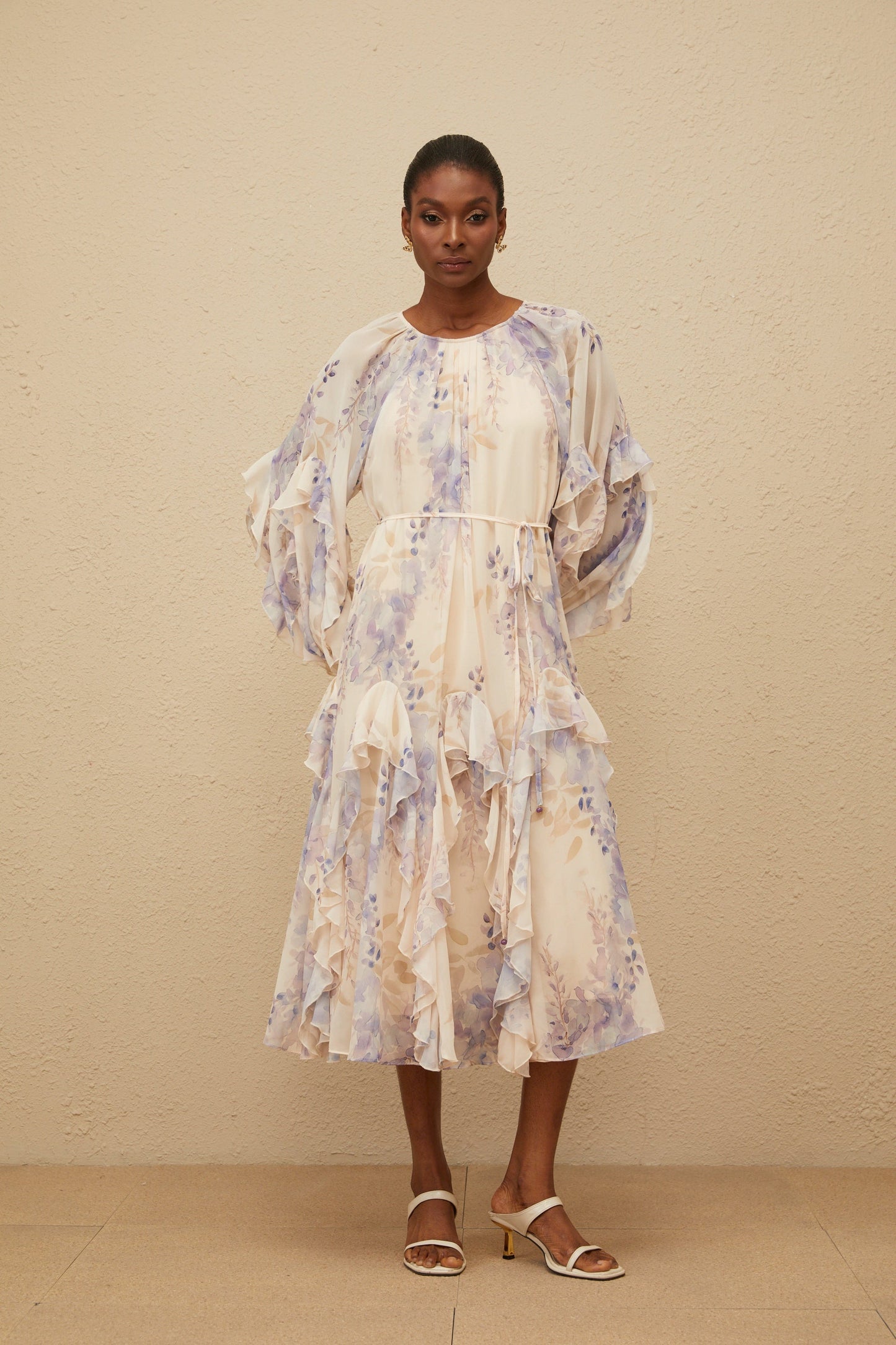 Yara Ruffled Floral Print Midi Dress