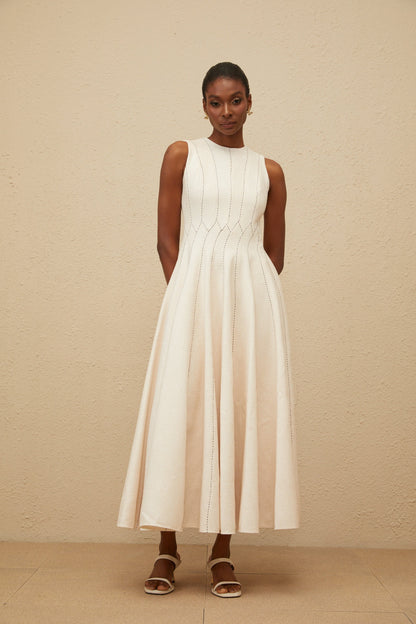 Délicatesse Neutral Shirred Textured Midi Dress