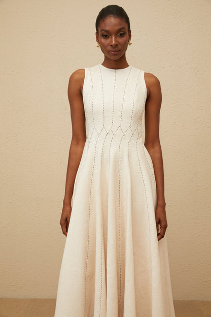 Délicatesse Neutral Shirred Textured Midi Dress