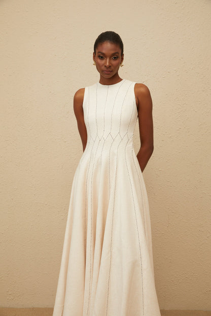Délicatesse Neutral Shirred Textured Midi Dress