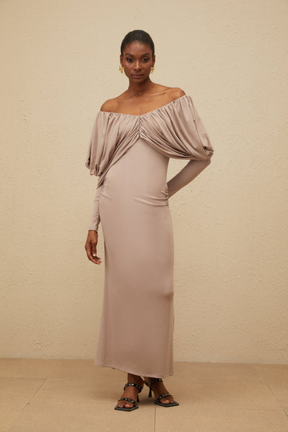 Roxane Grey Ruched Shift Midi Dress
