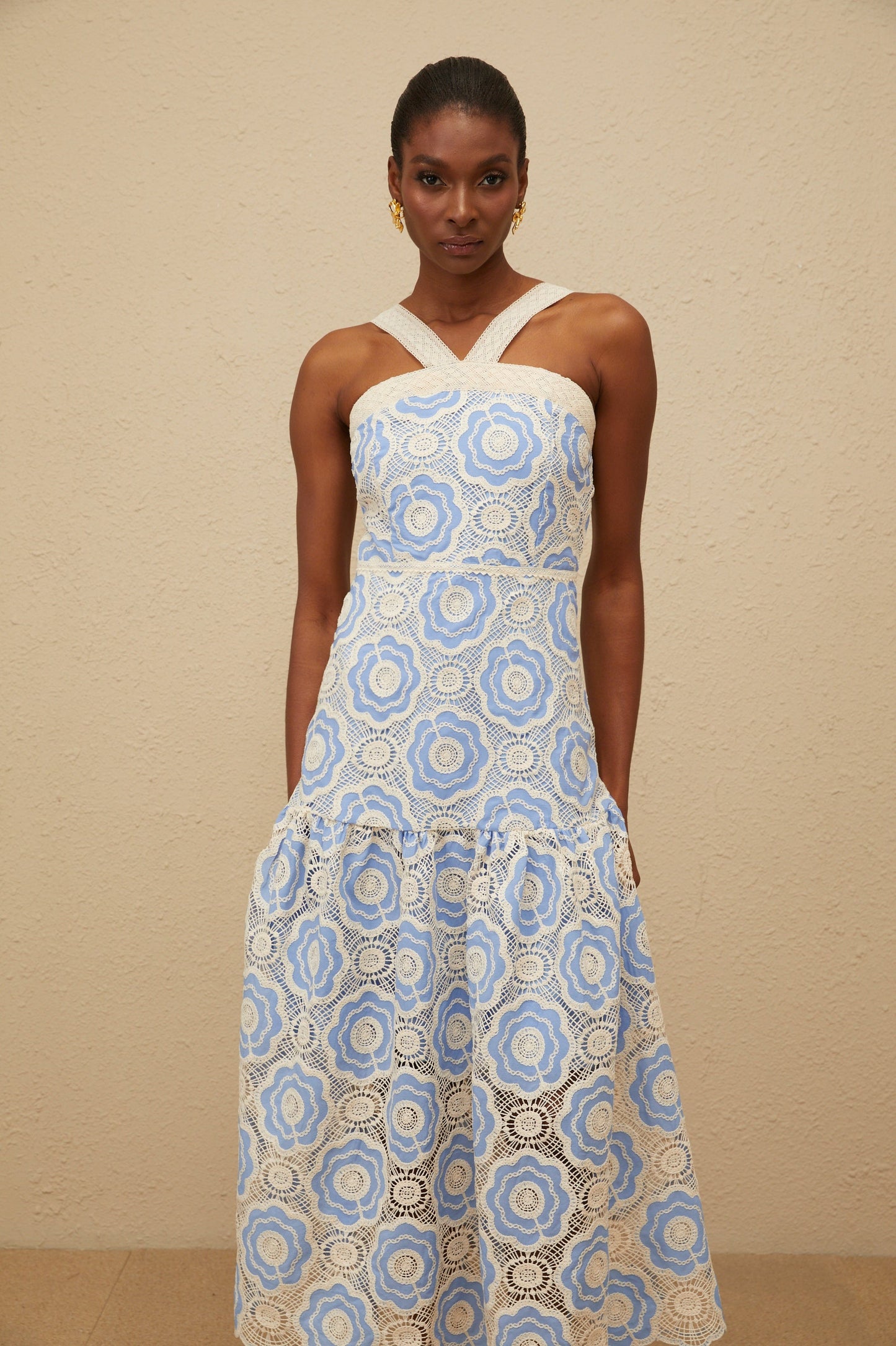 Frivole Blue Crochet Floral Midi Dress