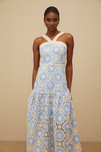 Frivole Blue Crochet Floral Midi Dress