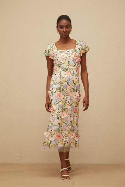 Enjouée Neutral Floral Embroidered Midi Dress
