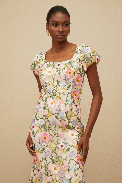 Enjouée Neutral Floral Embroidered Midi Dress