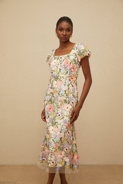 Enjouée Neutral Floral Embroidered Midi Dress