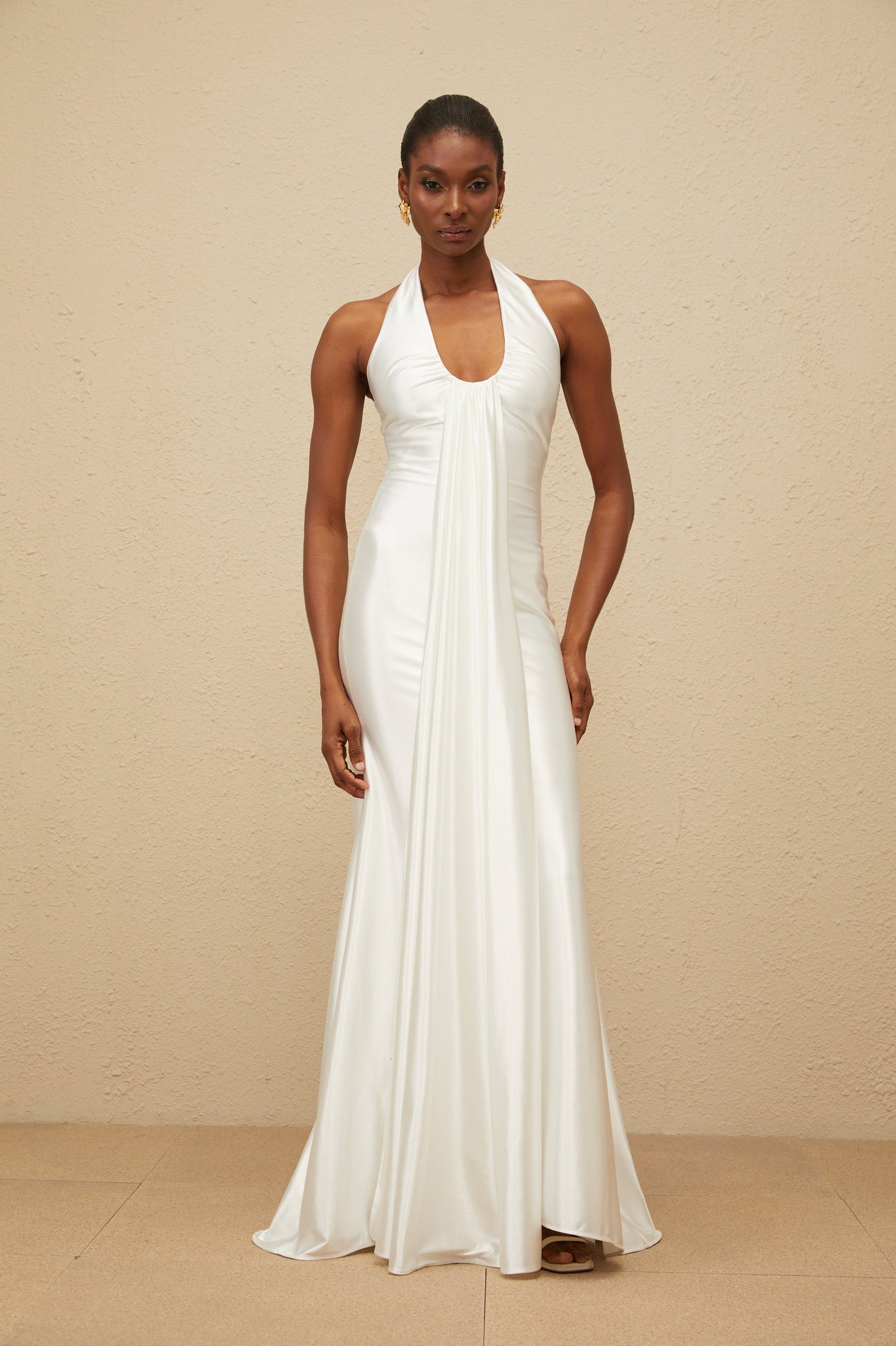 Céleste White Ruched Satin Maxi Dress