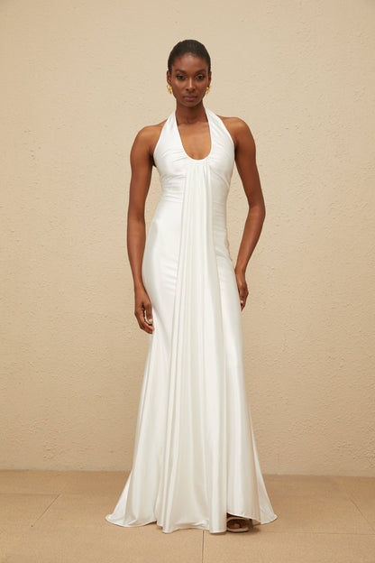 Céleste White Ruched Satin Maxi Dress