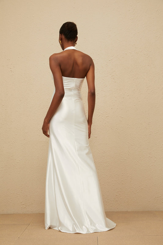 Céleste White Ruched Satin Maxi Dress