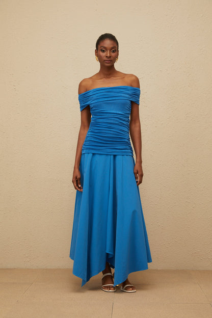 Amélie Blue Off-Shoulder Ruched Maxi Dress