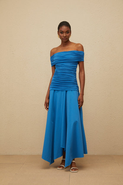 Amélie Blue Off-Shoulder Ruched Maxi Dress