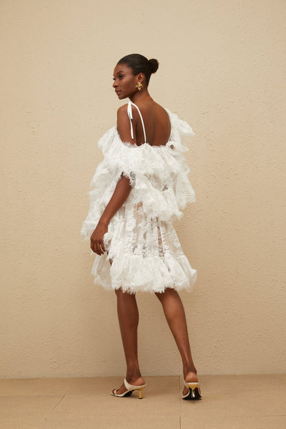 Nonchalante White Ruffled Floral Lace Mini Dress