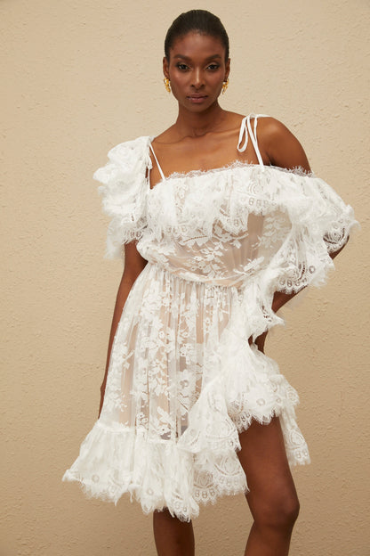Nonchalante White Ruffled Floral Lace Mini Dress