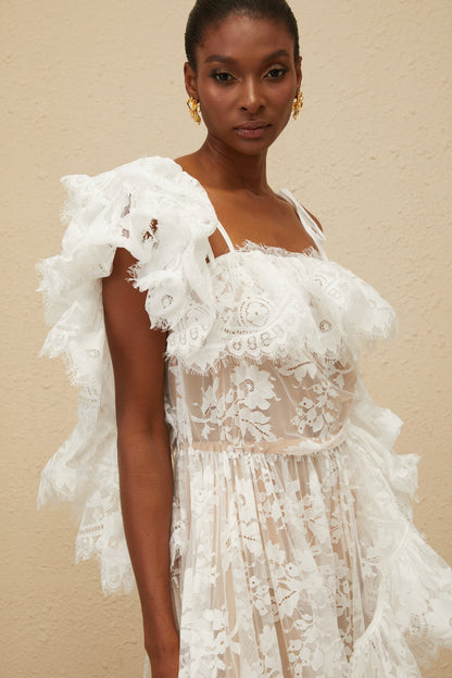 Nonchalante White Ruffled Floral Lace Mini Dress
