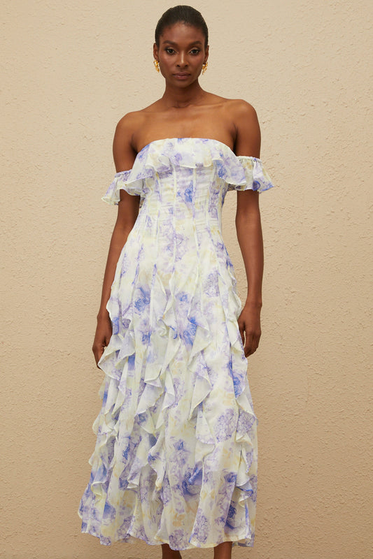 Fleur Blue Ruffled Floral Print Maxi Dress