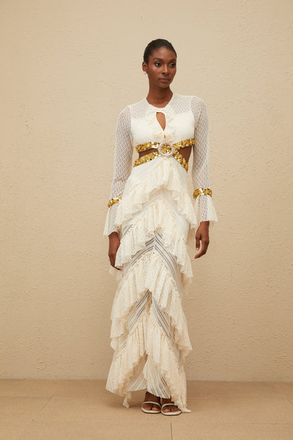 Dorée Neutral Ruffled Sequin Lace Maxi Dress