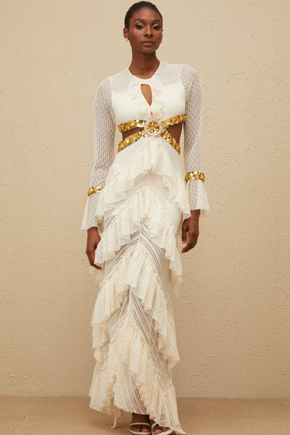 Dorée Neutral Ruffled Sequin Lace Maxi Dress